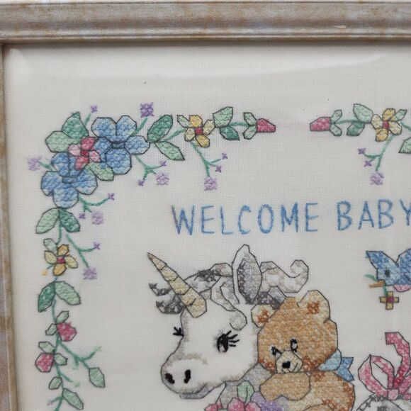 Vtg 90s Dimensions Unicorn Teddy Cross Stitch Framed Art Welcome Baby 14.5x11.5 - Picture 2 of 7